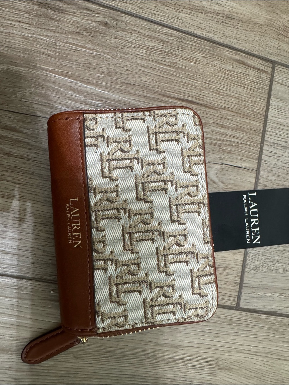 Lauren Ralph Lauren Cream and Brown Monogram Zip Wallet